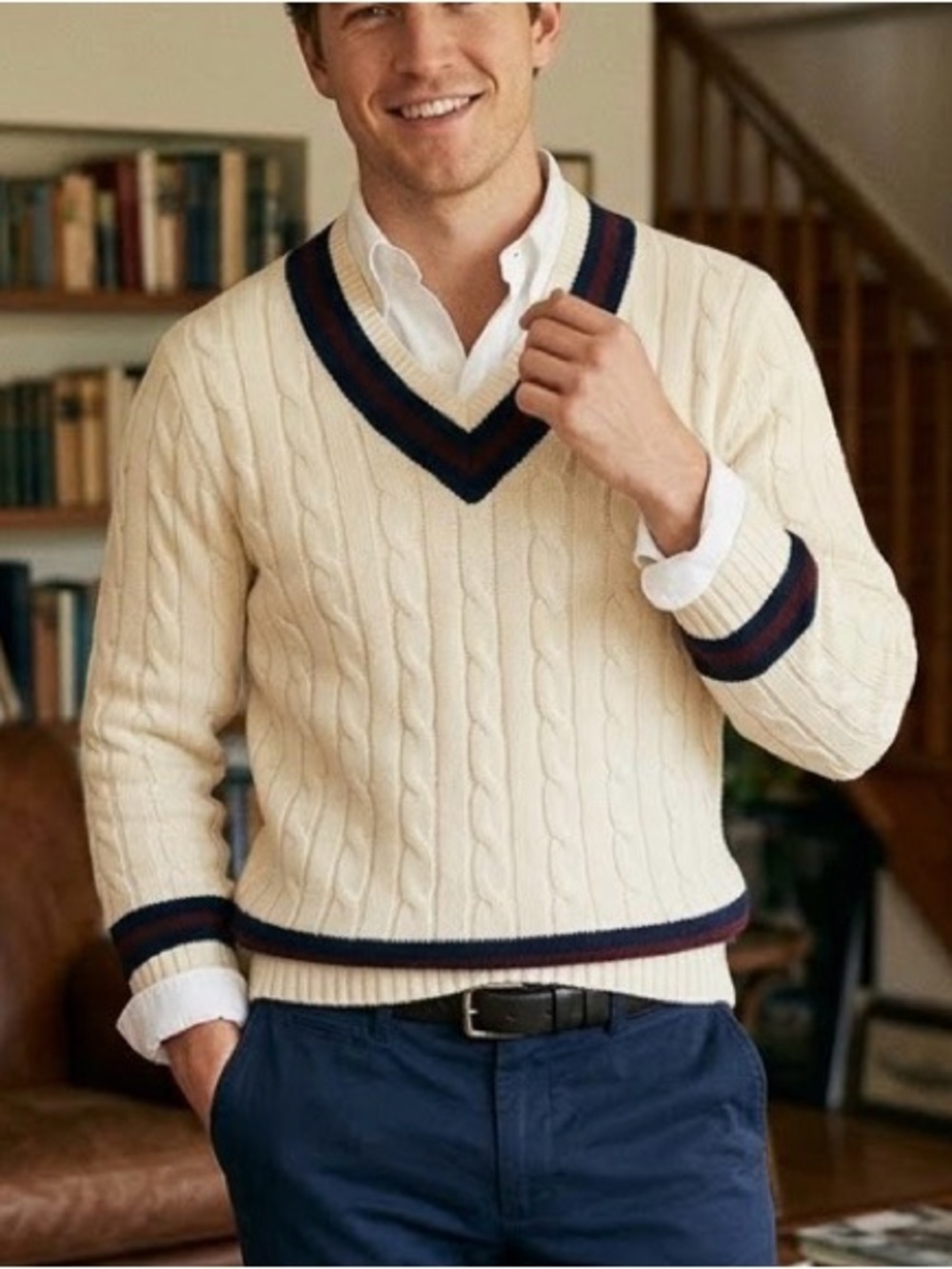 Vintage Oakton Cable Knit V-Neck Cricket Tennis Sweater - Mens L 0183